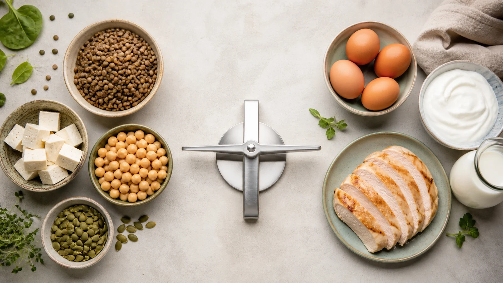 Plant and animal protein foods arranged on opposite sides of a featureless balance beam.