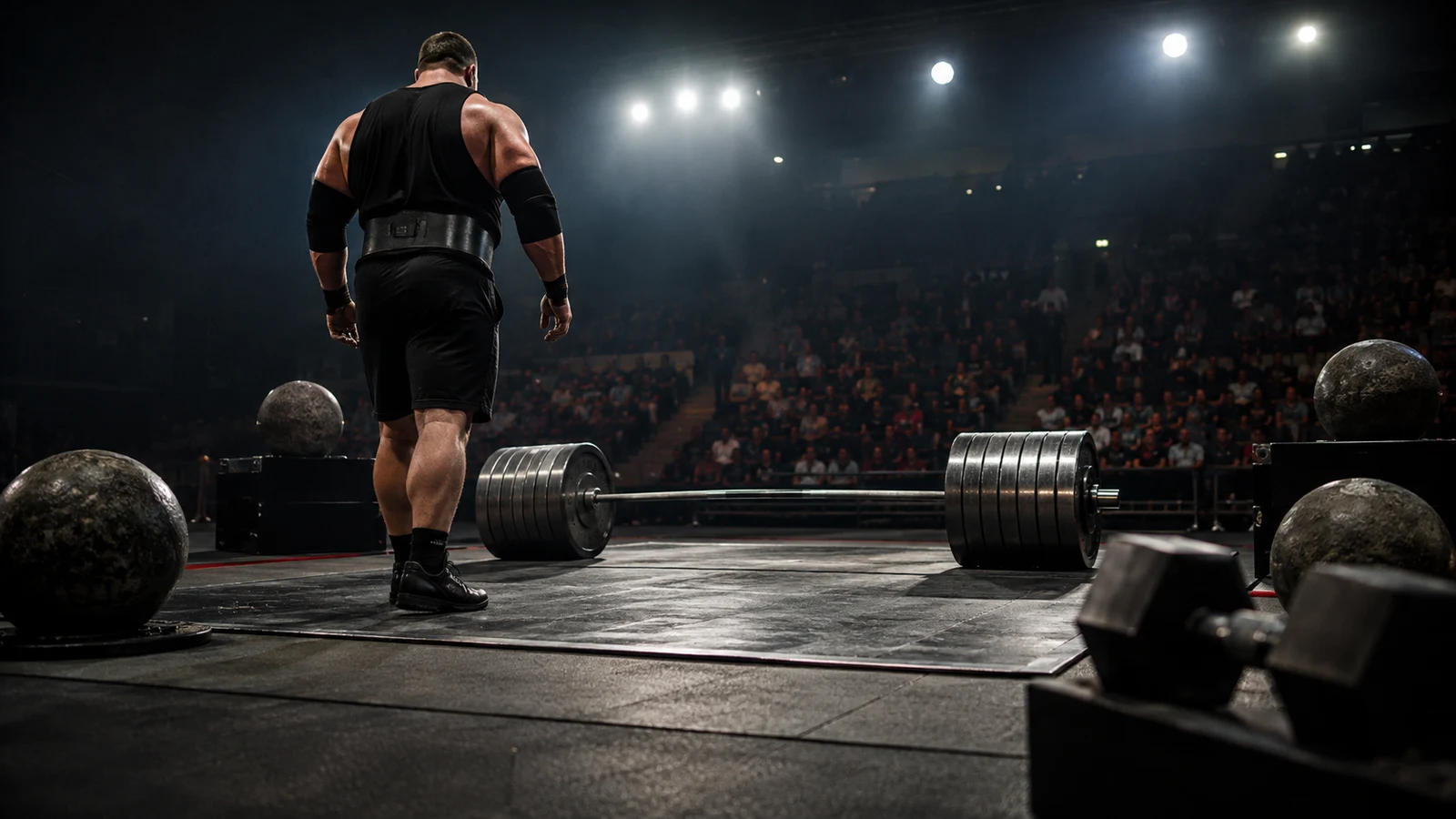 Anonymous strongman approaching a heavily loaded deadlift bar on an arena platform.