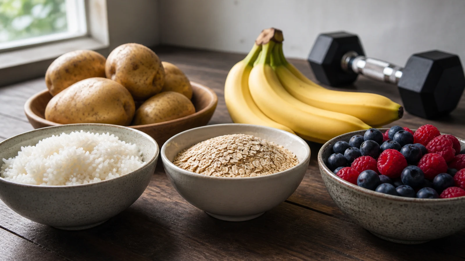 Unbranded bowls of rice and oats with potatoes, fruit, and a dumbbell on a kitchen counter.