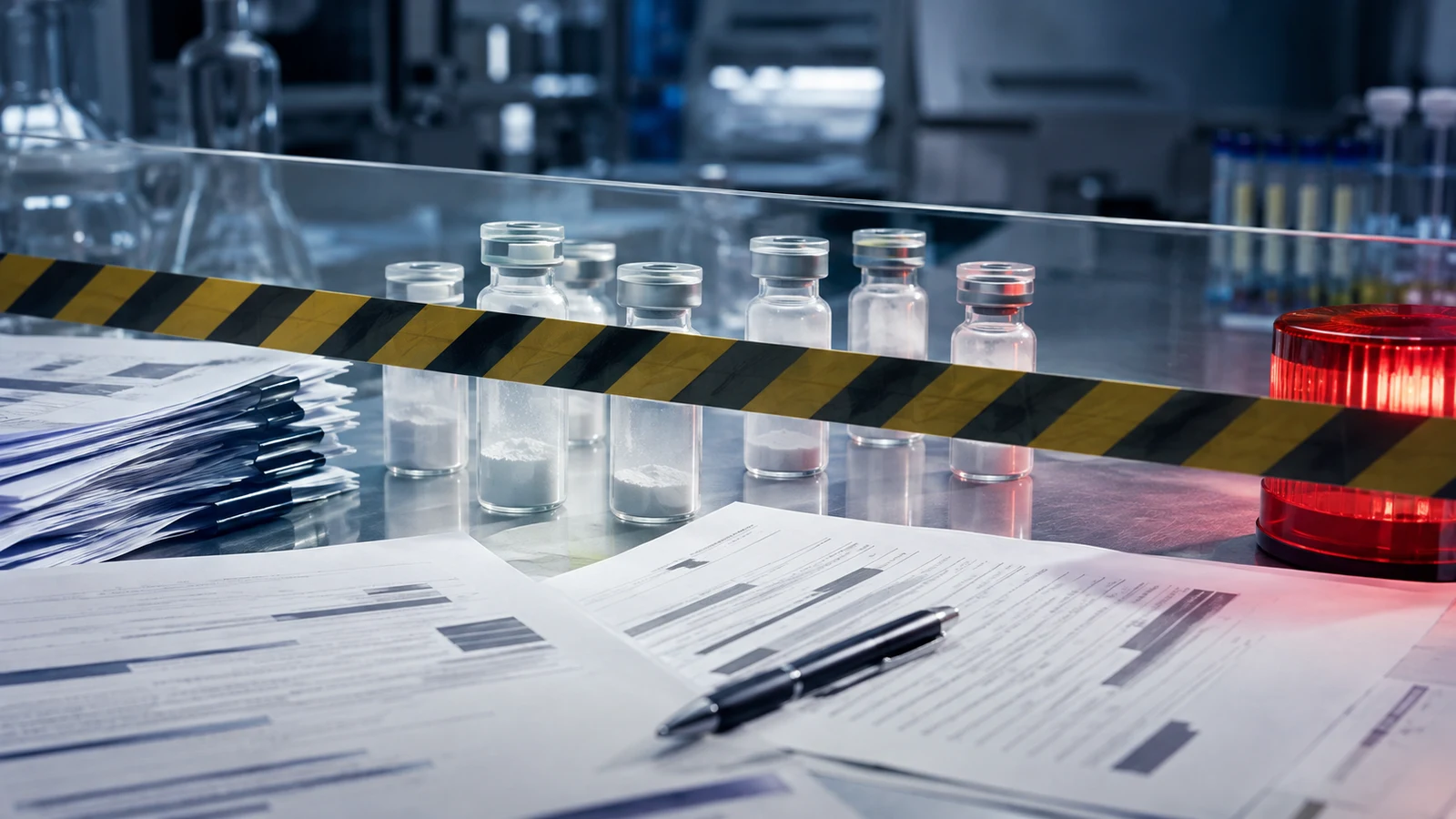 Generic unbranded laboratory vials behind caution tape beside official-looking documents and a red inspection light.
