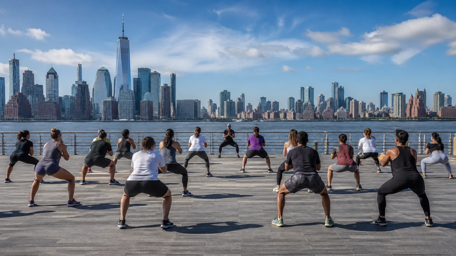 Anonymous adults taking part in an outdoor fitness class on a Manhattan riverfront pier.