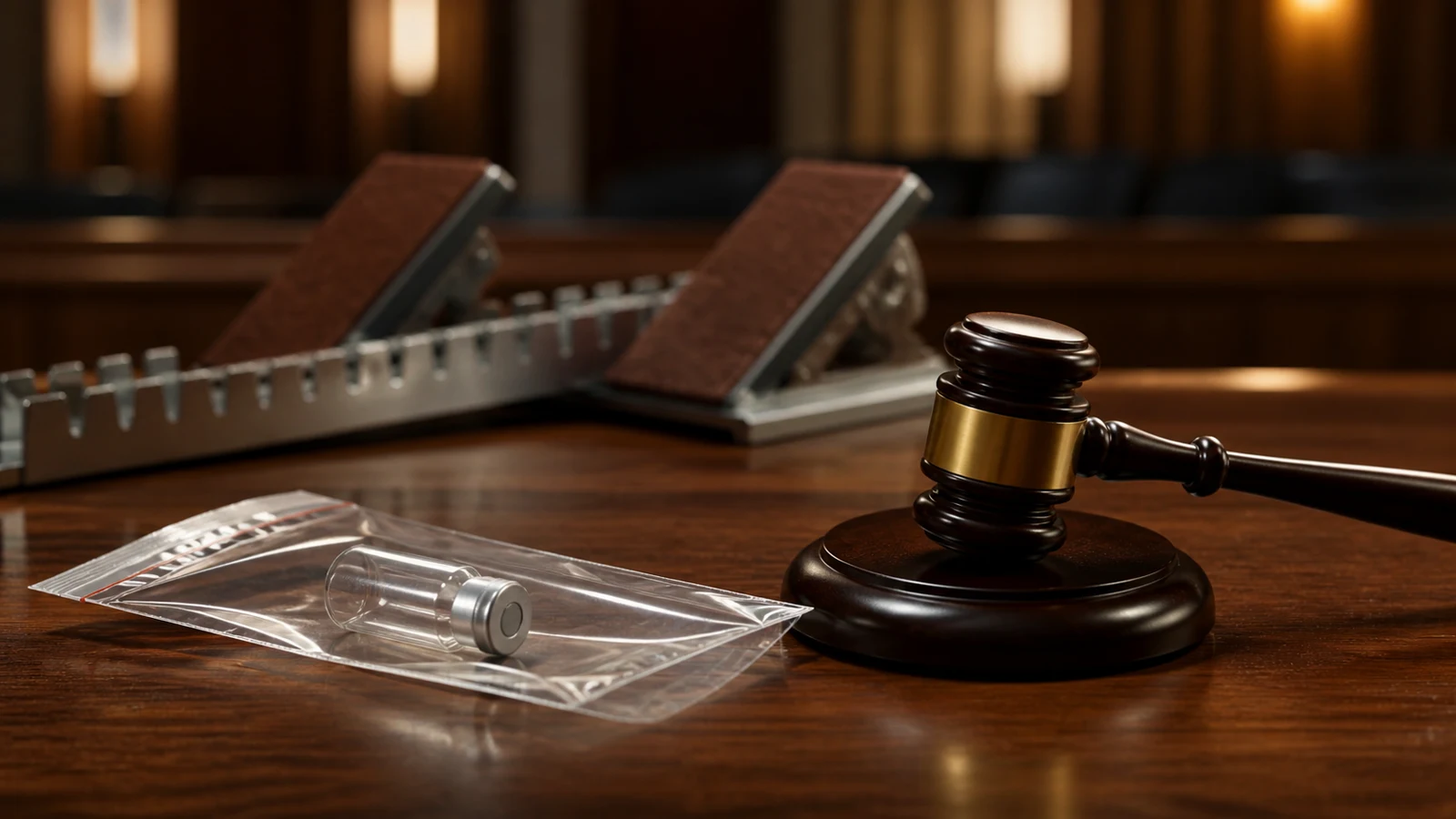 Generic courthouse desk with a gavel, track starting blocks, and a sealed evidence pouch without identifying text.